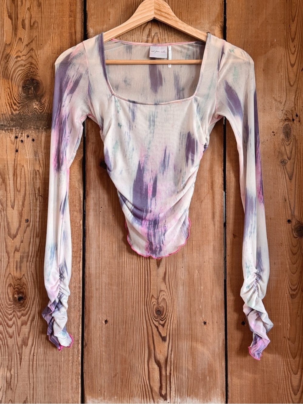 Sz S UO Out From Under Purple Abstract Mesh Sheer Ruched Long Sleeve Top EUC